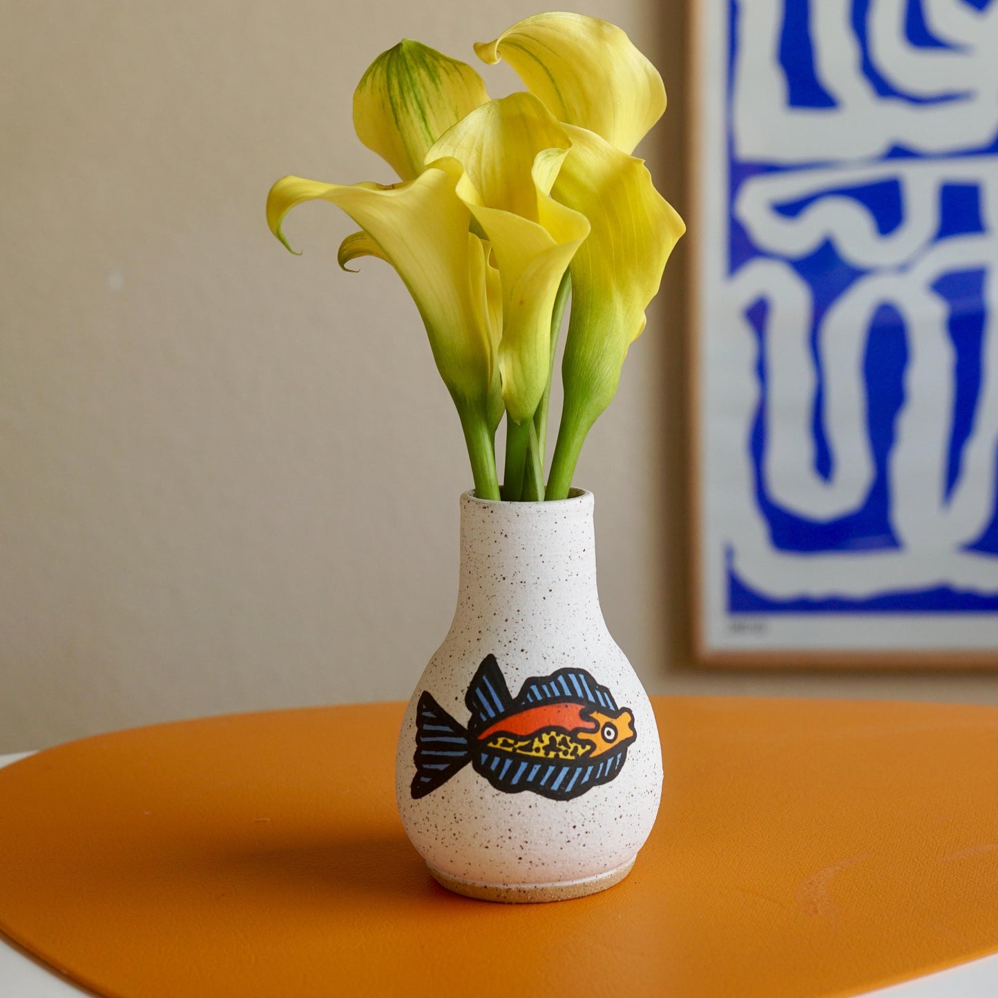 Bright Orange and Blue Ceramic Fish Vase
