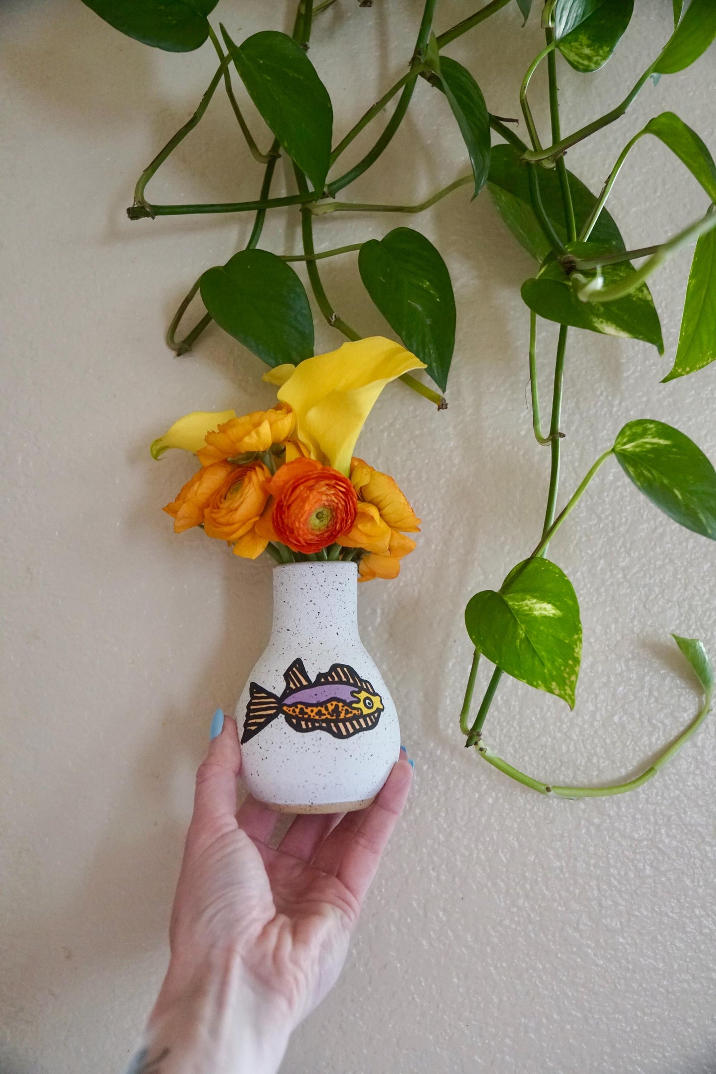 Purple and Orange Ceramic Fish Vase