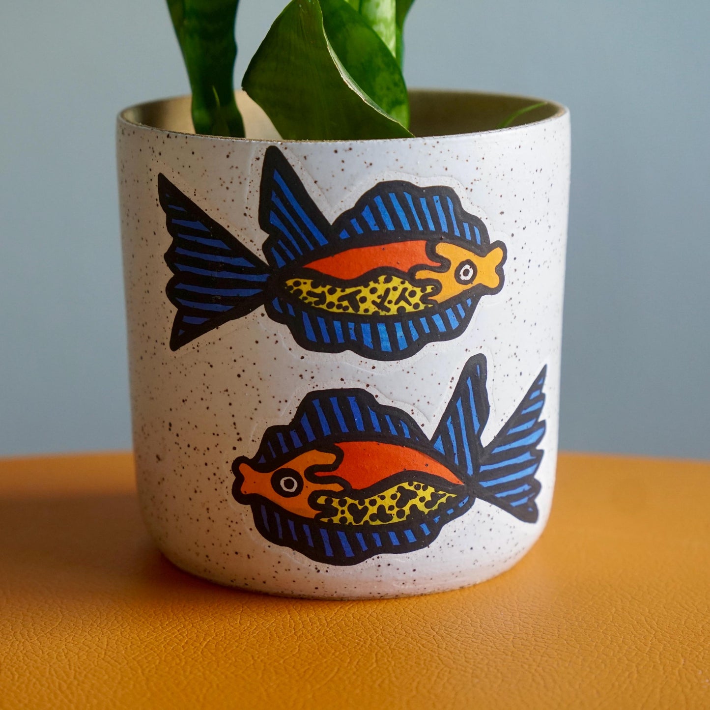 Bright Orange and Blue Ceramic Fish Planter