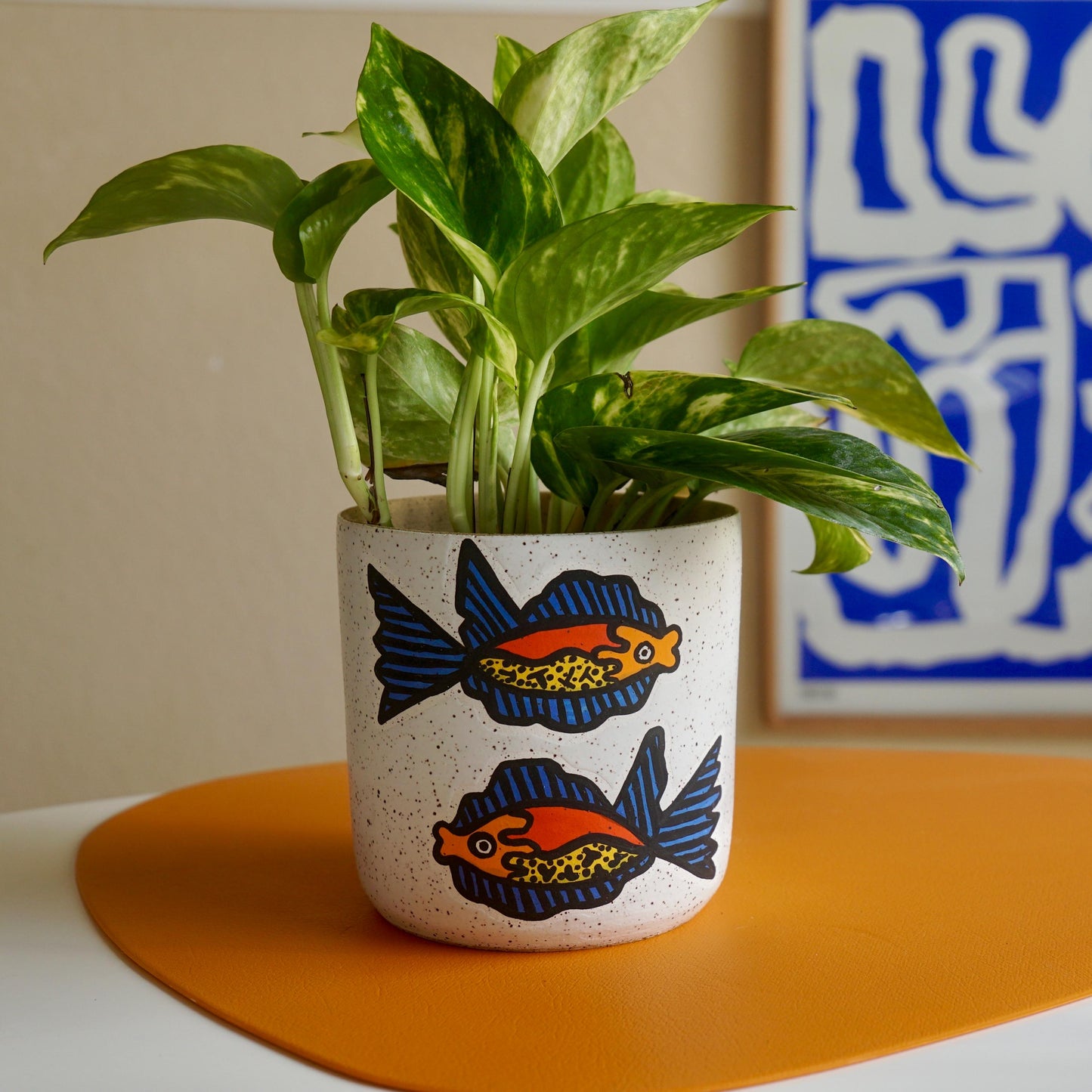 Bright Orange and Blue Ceramic Fish Planter