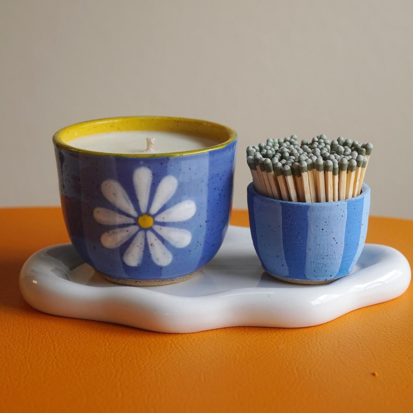 Blue Striped Ceramic Flower Candle