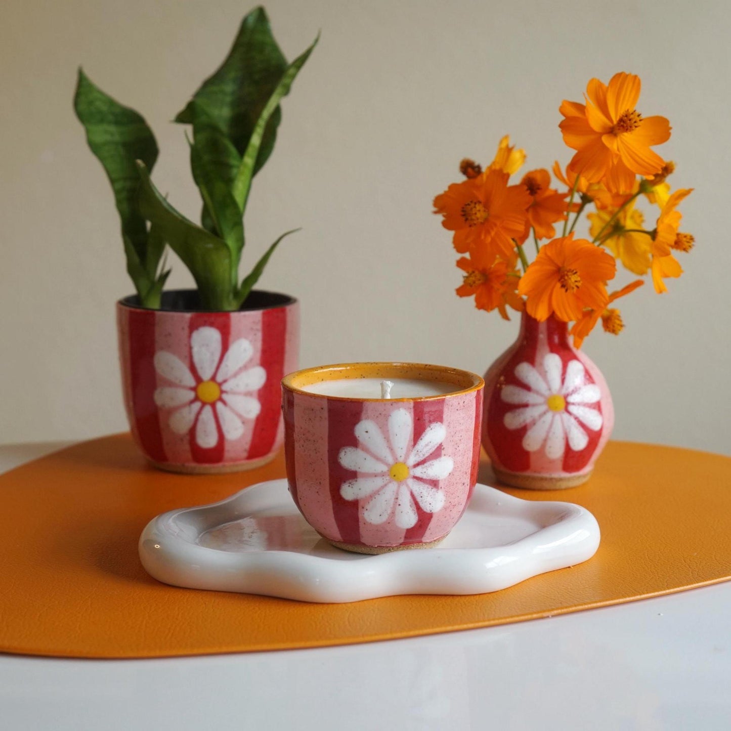 Pink & Red Ceramic Flower Candle