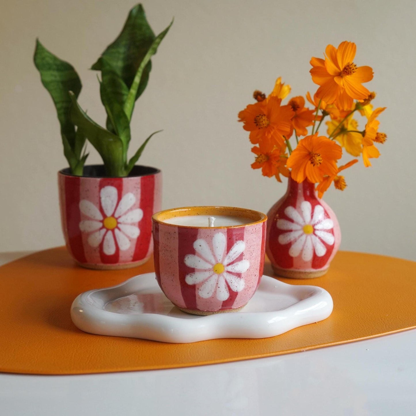 Funky Pink & Red Striped Ceramic Planter with Flower- Handmade Pottery- Ceramic Plant Pot with Drainage- Gift for Plant Lover- Groovy Decor