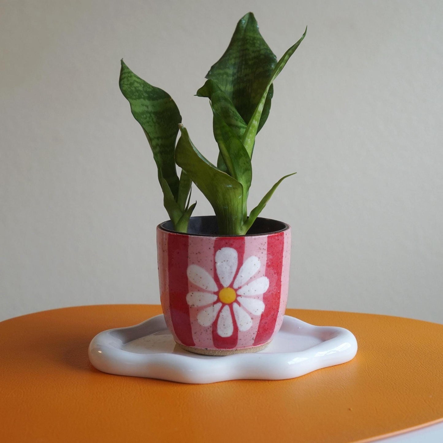 Funky Pink & Red Striped Ceramic Planter with Flower- Handmade Pottery- Ceramic Plant Pot with Drainage- Gift for Plant Lover- Groovy Decor