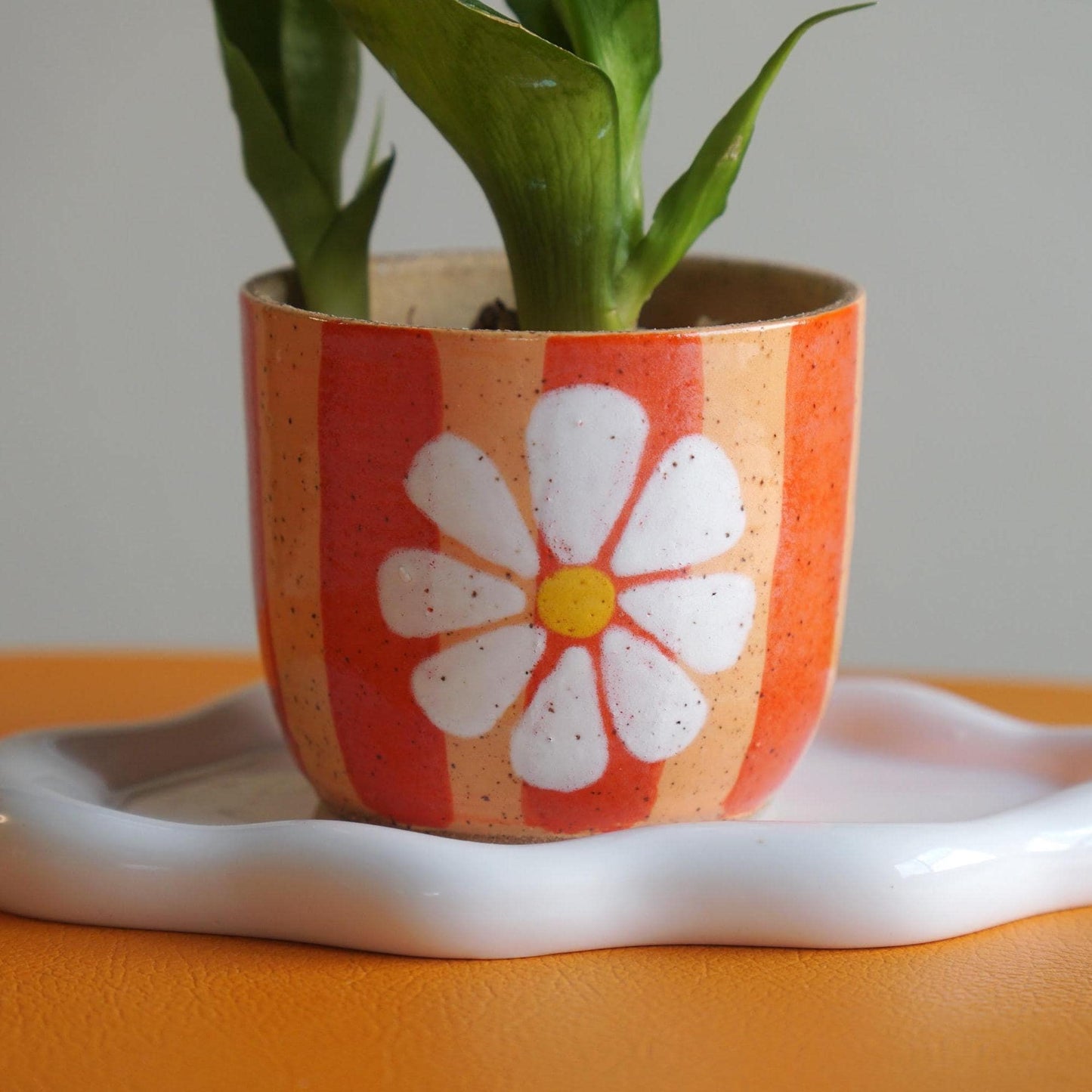 Funky Orange Striped Ceramic Planter with Flower- Handmade Pottery- Ceramic Plant Pot with Drainage- Gift for Plant Lover- Groovy Decor