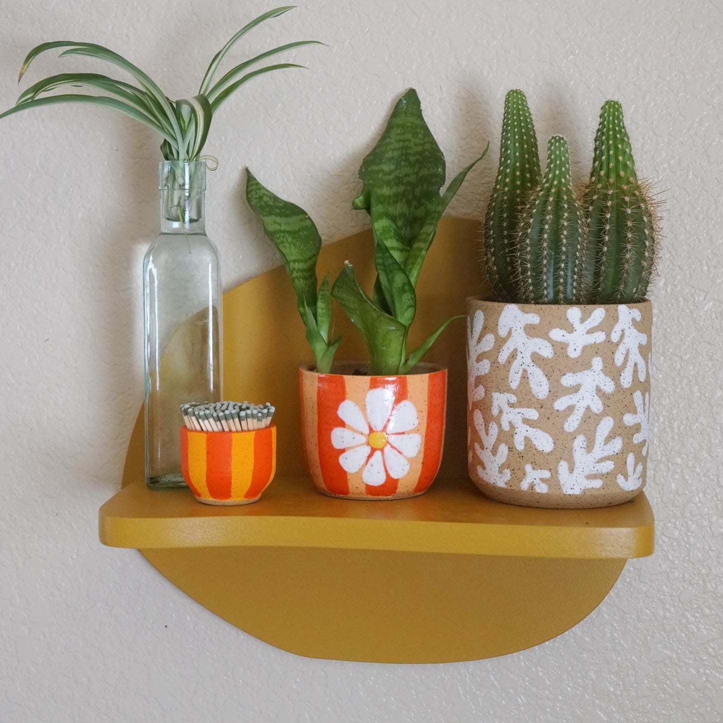 Funky Orange Striped Ceramic Planter with Flower- Handmade Pottery- Ceramic Plant Pot with Drainage- Gift for Plant Lover- Groovy Decor