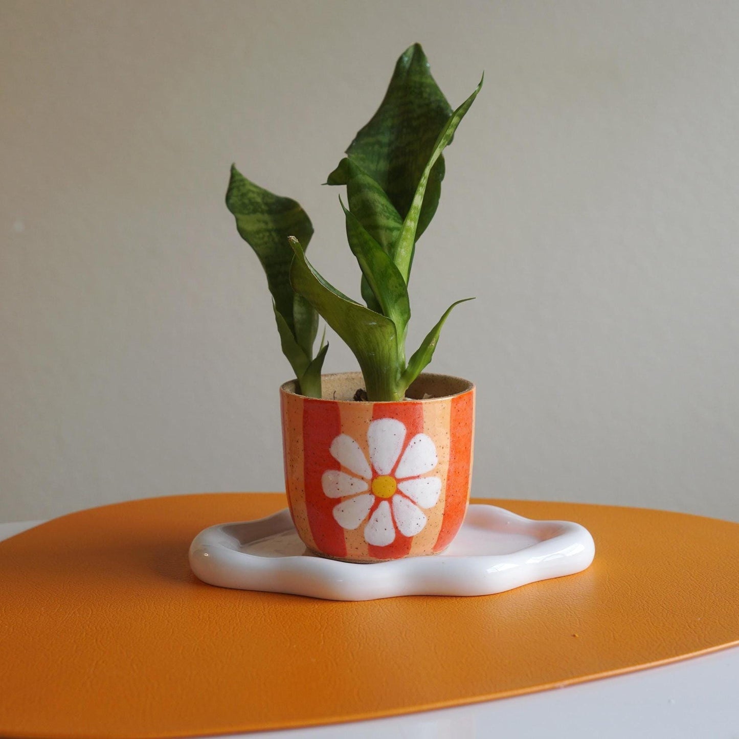 Funky Orange Striped Ceramic Planter with Flower- Handmade Pottery- Ceramic Plant Pot with Drainage- Gift for Plant Lover- Groovy Decor