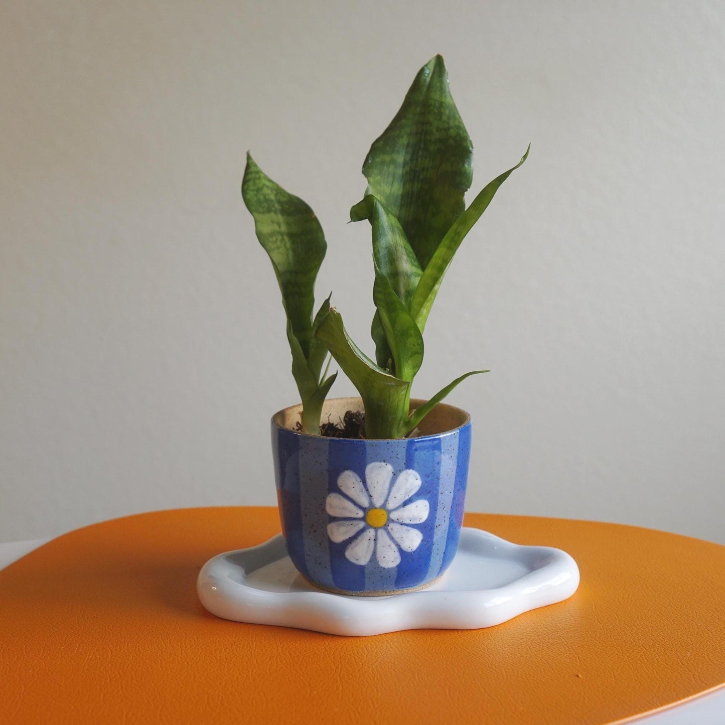 Funky Blue Striped Ceramic Planter with Flower- Handmade Pottery- Ceramic Plant Pot with Drainage- Gift for Plant Lover- Groovy Decor