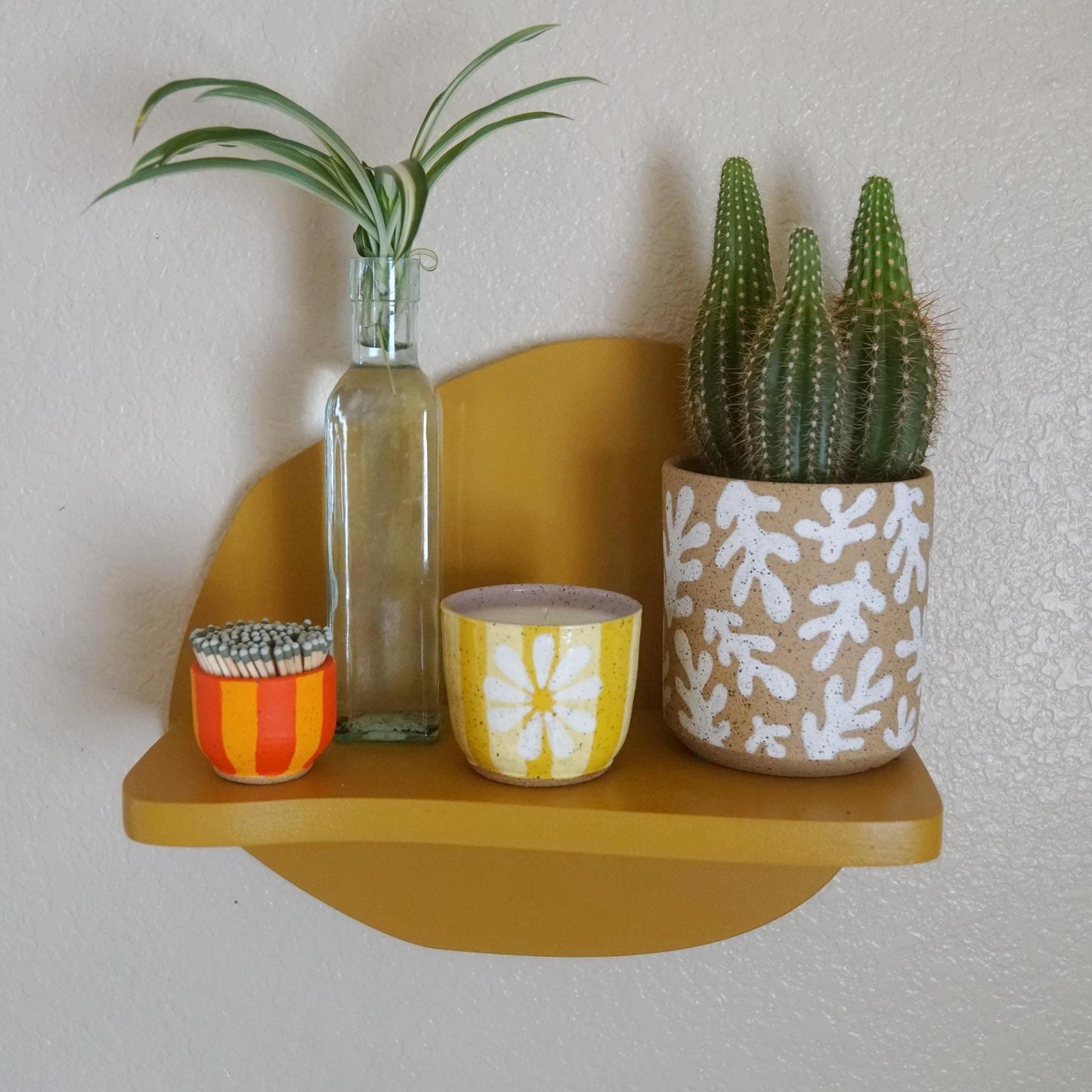 Yellow Striped Ceramic Candle with Flower -Handmade Pottery-Toxin Free Soy Juniper Berry Scented- Housewarming Gift- Reusable Ceramic Candle