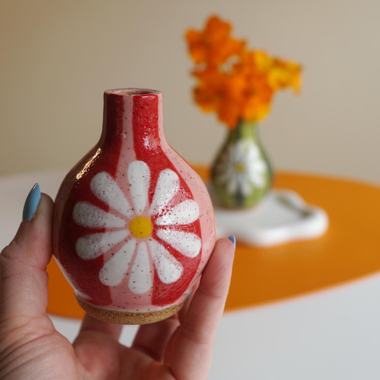 Handmade Ceramic Bud Vase- Pink & Red Striped Ceramic Flower Vase- Colorful Pottery- Housewarming Gifts- Eclectic Decor- Clay Vase