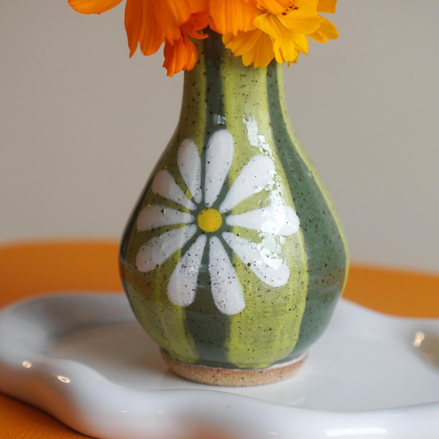 Green Striped Ceramic Bud Vase