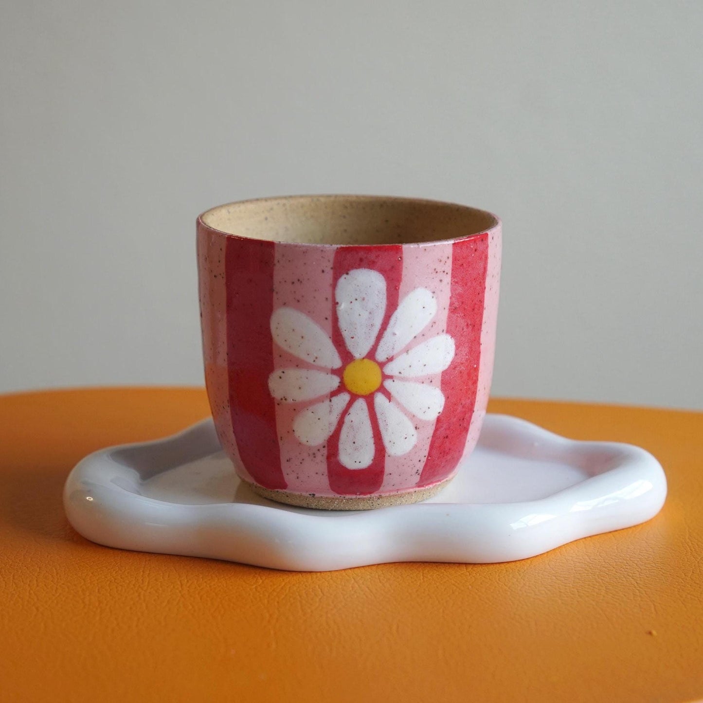 Funky Pink & Red Striped Ceramic Planter with Flower- Handmade Pottery- Ceramic Plant Pot with Drainage- Gift for Plant Lover- Groovy Decor