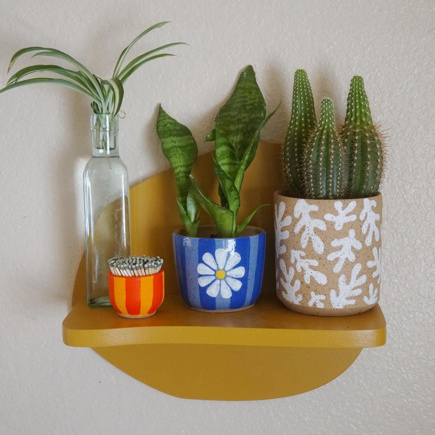 Funky Blue Striped Ceramic Planter with Flower- Handmade Pottery- Ceramic Plant Pot with Drainage- Gift for Plant Lover- Groovy Decor