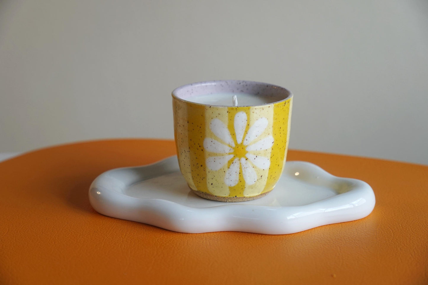 Yellow Striped Ceramic Candle with Flower -Handmade Pottery-Toxin Free Soy Juniper Berry Scented- Housewarming Gift- Reusable Ceramic Candle