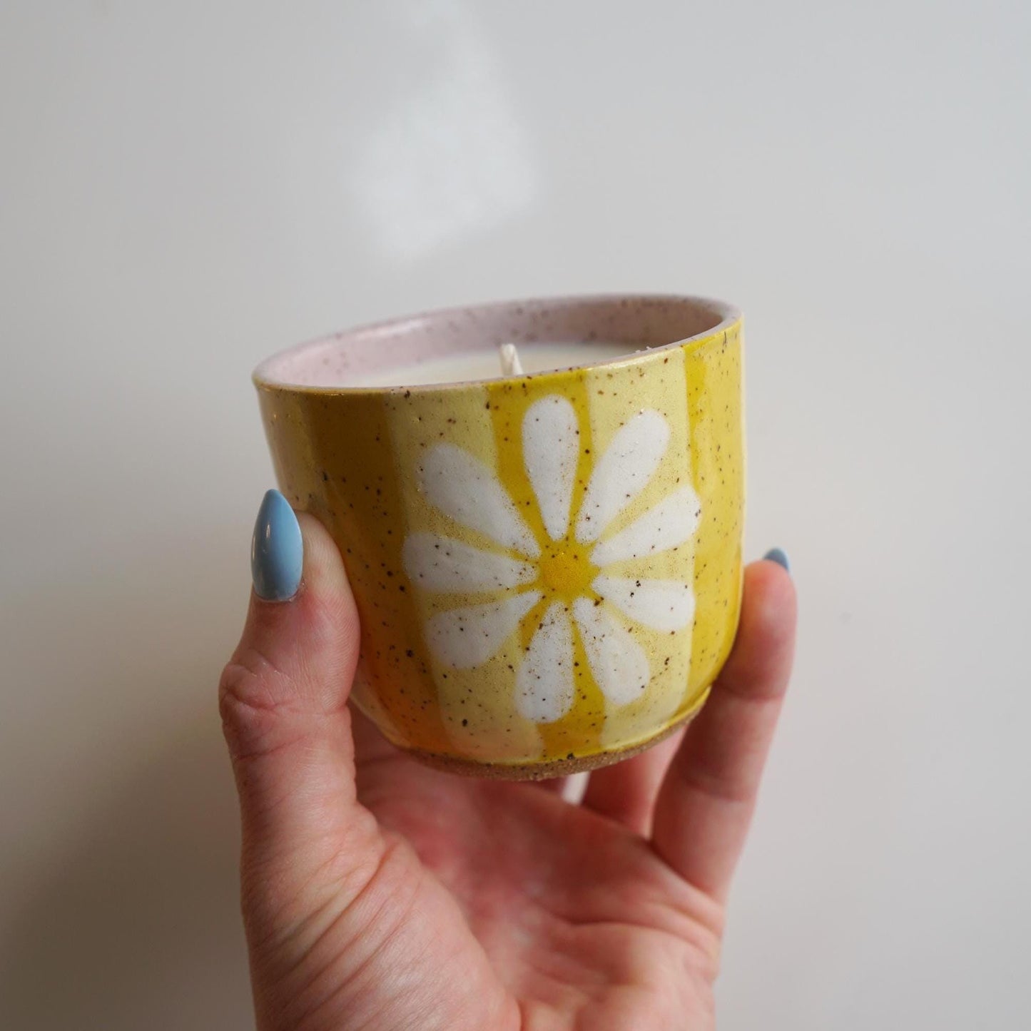 Yellow Striped Ceramic Candle with Flower -Handmade Pottery-Toxin Free Soy Juniper Berry Scented- Housewarming Gift- Reusable Ceramic Candle